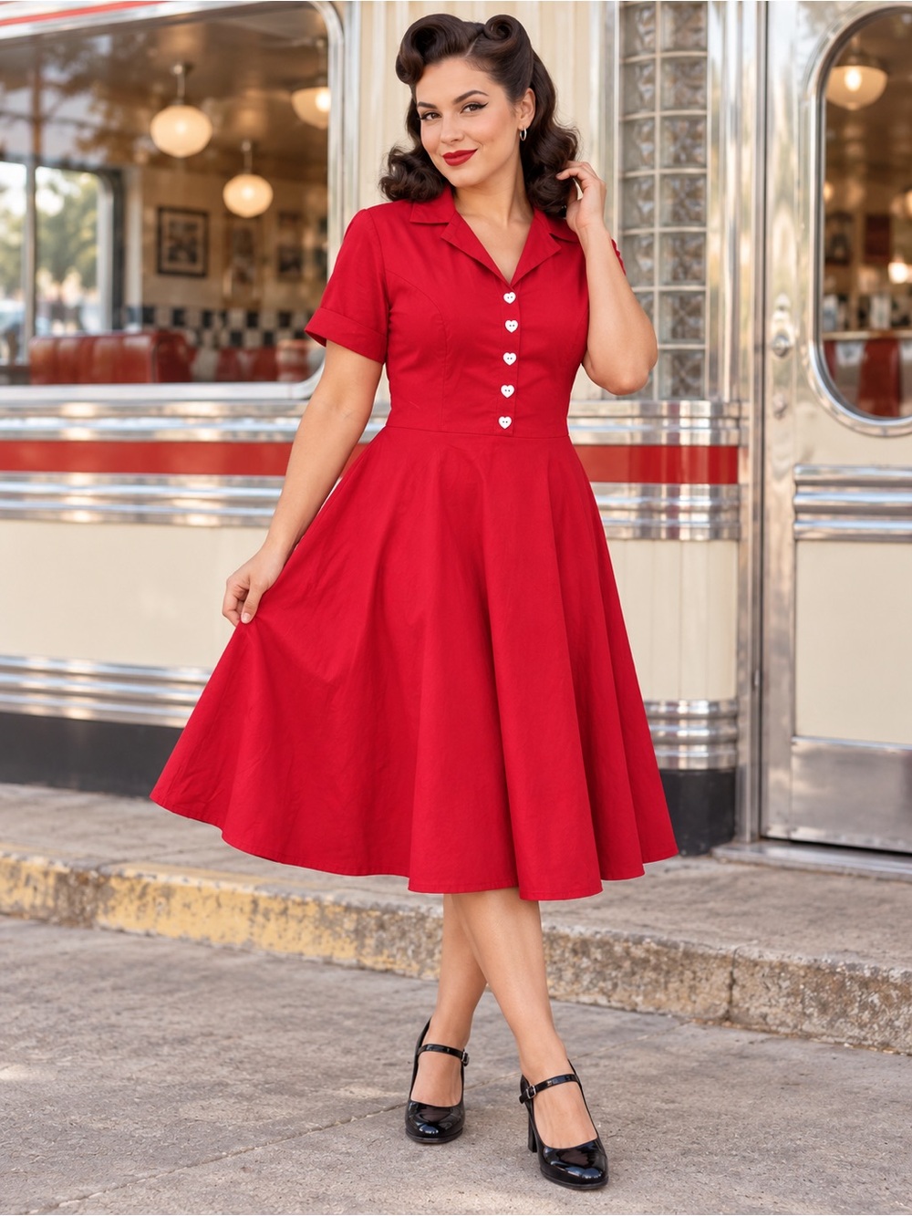 Wedtrend Red Heart Button Dress Retro 1950’s Rockabilly Cotton Blend